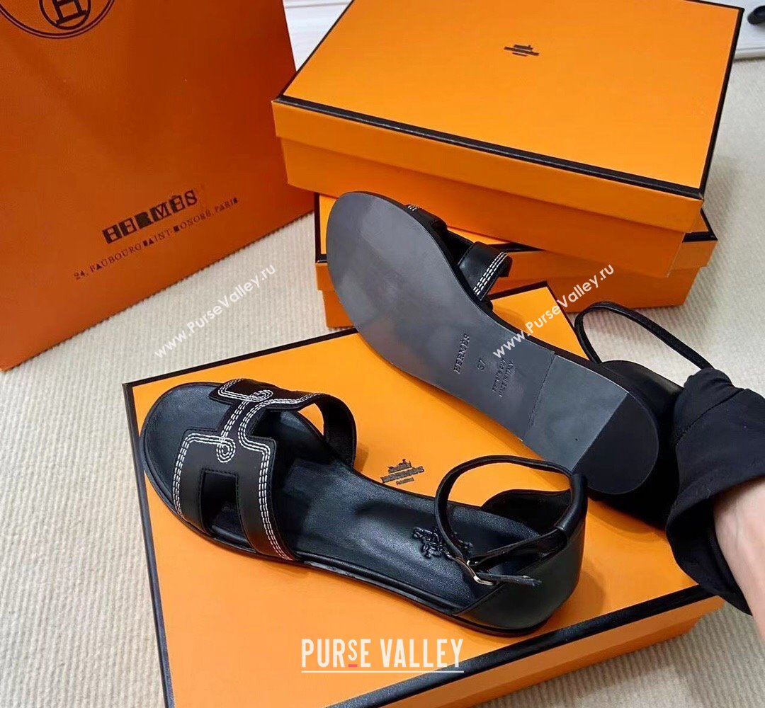 Hermes Santorini sandals in Calfskin Black with H cut-out and Stitches details Top Quality 2024 (mingdu-24022607)