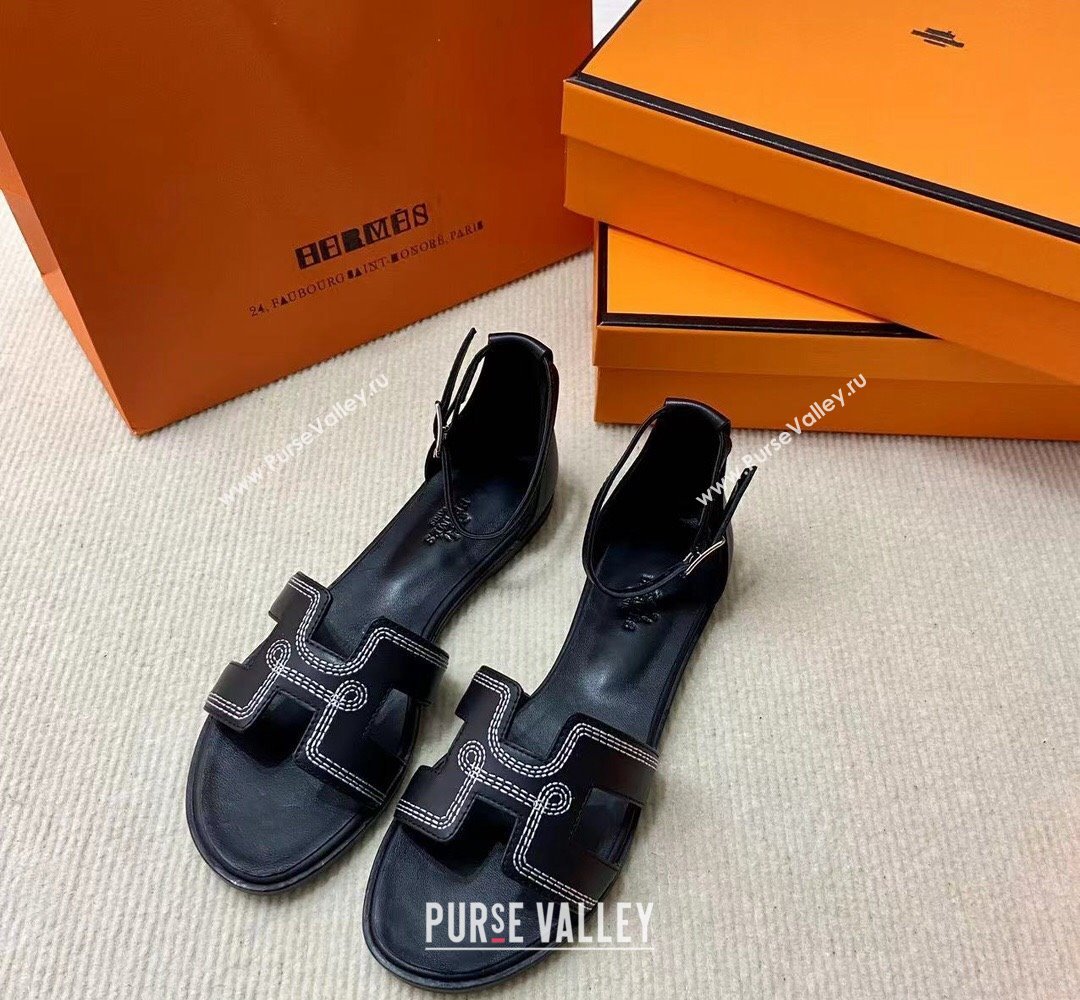 Hermes Santorini sandals in Calfskin Black with H cut-out and Stitches details Top Quality 2024 (mingdu-24022607)