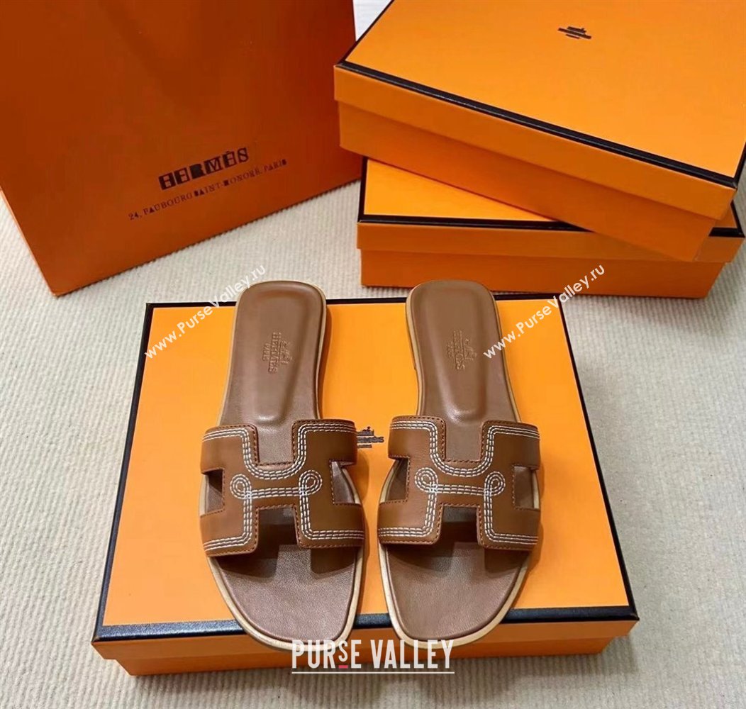 Hermes Oran sandals Brown in Calfskin with H cut-out and Stitches details Top Quality 2024 (mingdu-24022612)