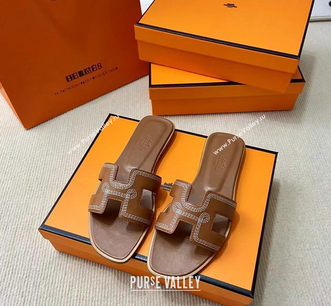 Hermes Oran sandals Brown in Calfskin with H cut-out and Stitches details Top Quality 2024 (mingdu-24022612)