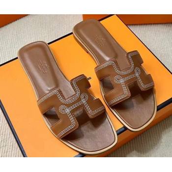 Hermes Oran sandals Brown in Calfskin with H cut-out and Stitches details Top Quality 2024 (mingdu-24022612)