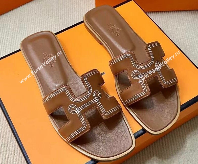 Hermes Oran sandals Brown in Calfskin with H cut-out and Stitches details Top Quality 2024 (mingdu-24022612)