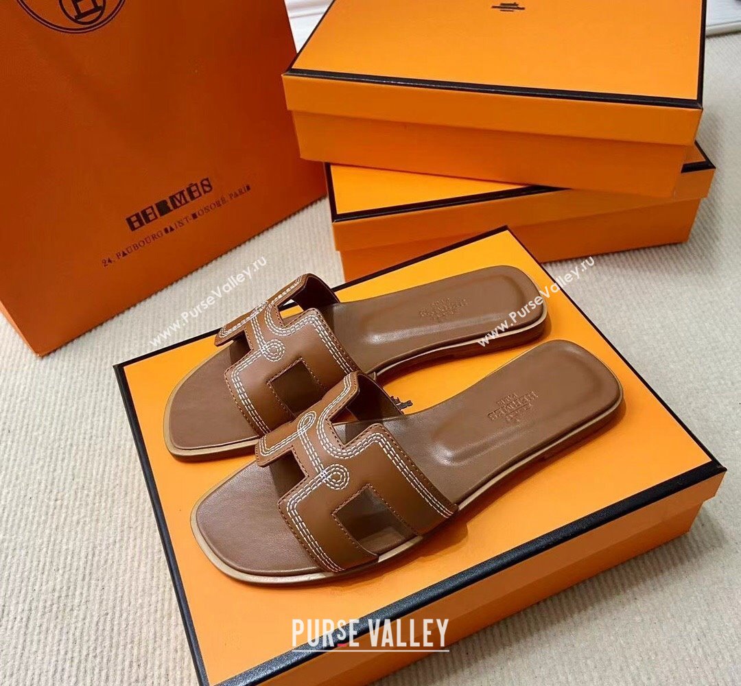 Hermes Oran sandals Brown in Calfskin with H cut-out and Stitches details Top Quality 2024 (mingdu-24022612)