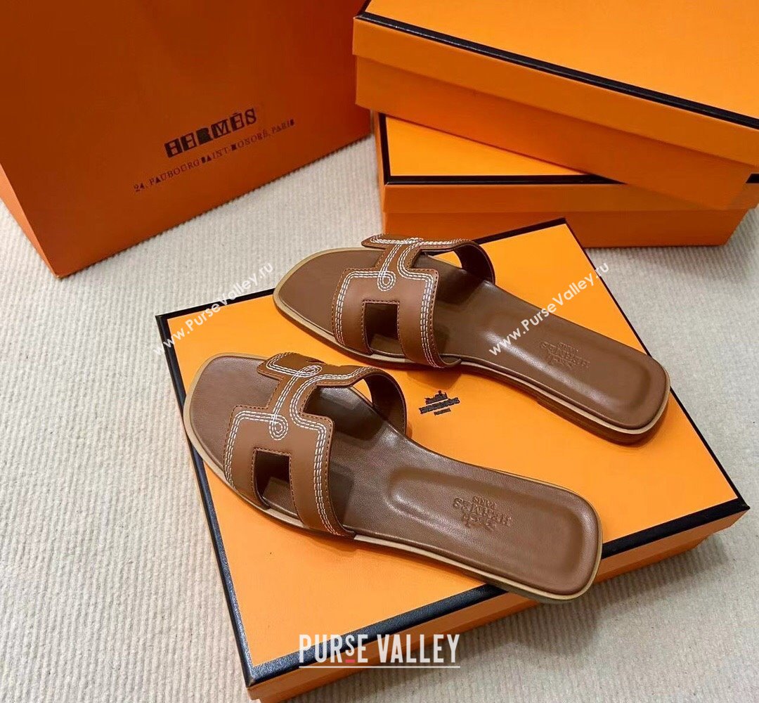 Hermes Oran sandals Brown in Calfskin with H cut-out and Stitches details Top Quality 2024 (mingdu-24022612)