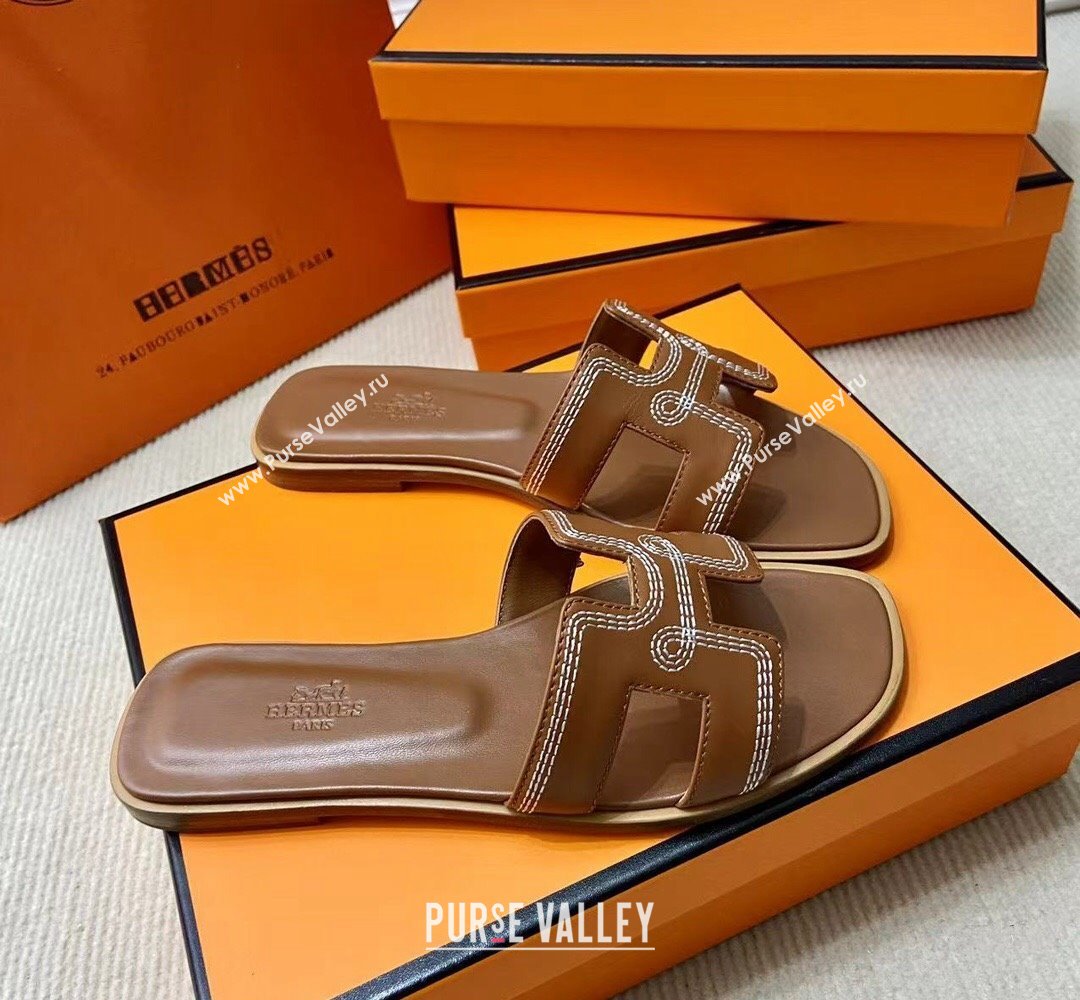 Hermes Oran sandals Brown in Calfskin with H cut-out and Stitches details Top Quality 2024 (mingdu-24022612)