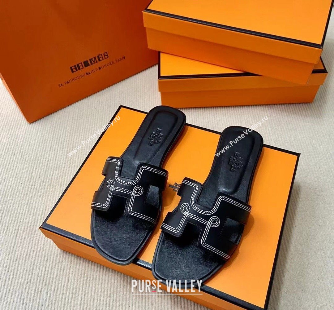 Hermes Oran sandals Black in Calfskin with H cut-out and Stitches details Top Quality 2024 (mingdu-24022610)