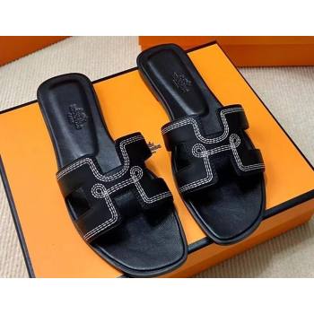 Hermes Oran sandals Black in Calfskin with H cut-out and Stitches details Top Quality 2024 (mingdu-24022610)