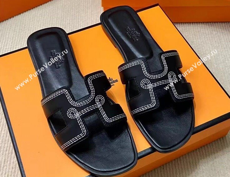 Hermes Oran sandals Black in Calfskin with H cut-out and Stitches details Top Quality 2024 (mingdu-24022610)