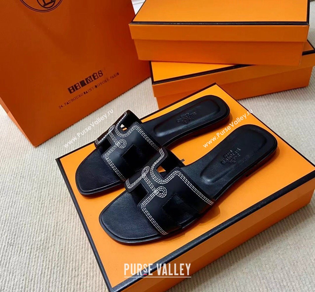 Hermes Oran sandals Black in Calfskin with H cut-out and Stitches details Top Quality 2024 (mingdu-24022610)