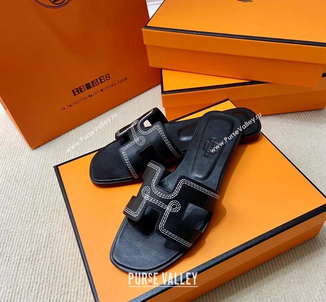 Hermes Oran sandals Black in Calfskin with H cut-out and Stitches details Top Quality 2024 (mingdu-24022610)