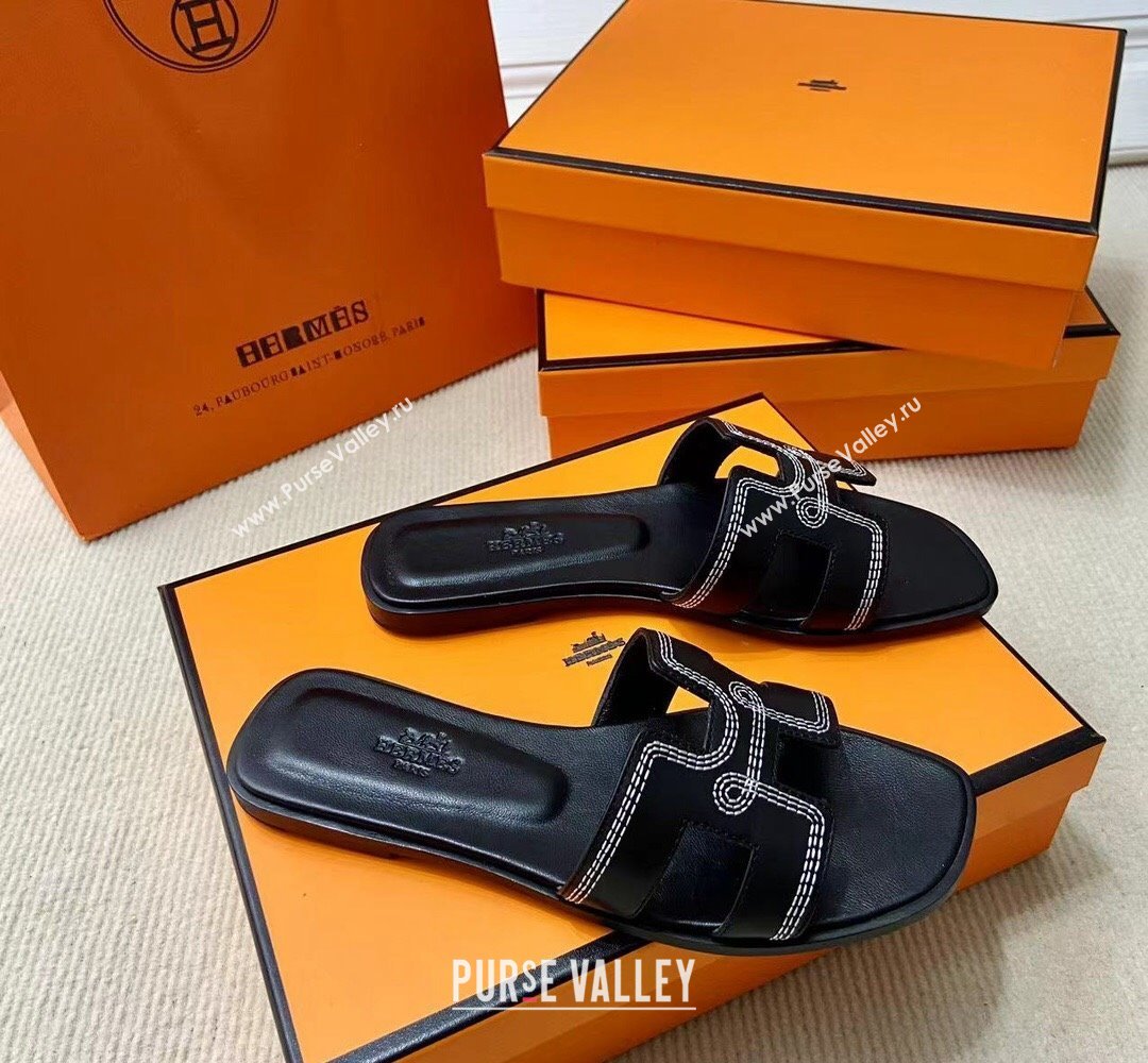 Hermes Oran sandals Black in Calfskin with H cut-out and Stitches details Top Quality 2024 (mingdu-24022610)