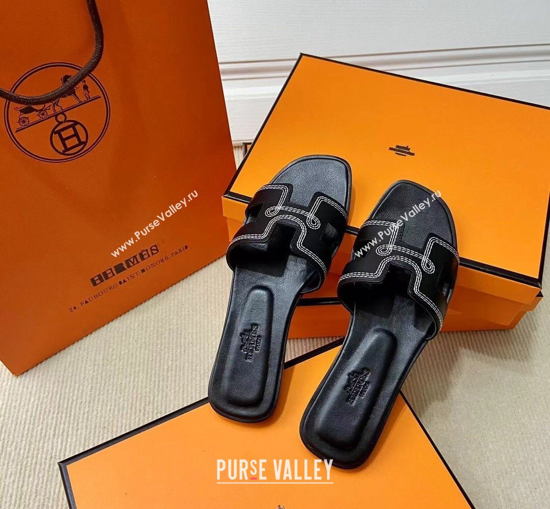 Hermes Oran sandals Black in Calfskin with H cut-out and Stitches details Top Quality 2024 (mingdu-24022610)