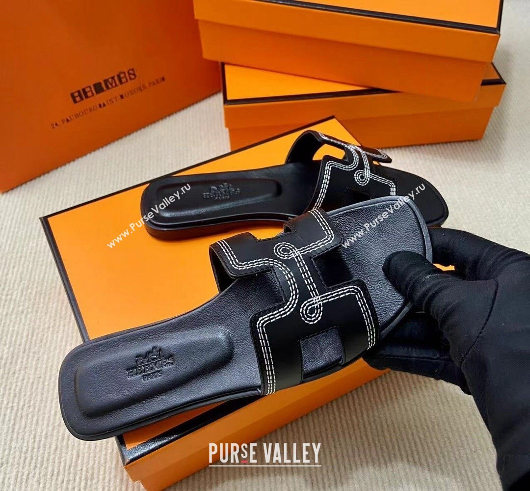 Hermes Oran sandals Black in Calfskin with H cut-out and Stitches details Top Quality 2024 (mingdu-24022610)