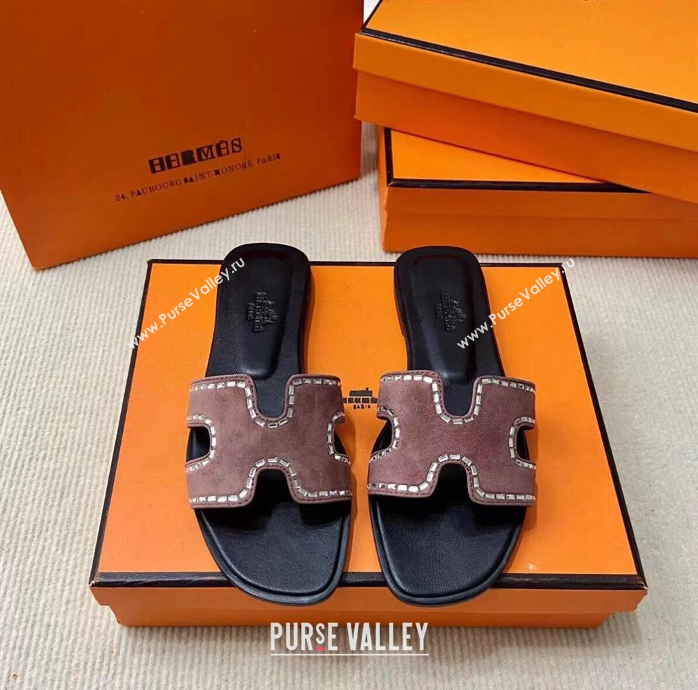 Hermes Oran sandals Nude Pink in suede goatskin with iconic H cut-out and rhinestone details Top Quality 2024 (mingdu-24022619)