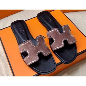 Hermes Oran sandals Nude Pink in suede goatskin with iconic H cut-out and rhinestone details Top Quality 2024 (mingdu-24022619)