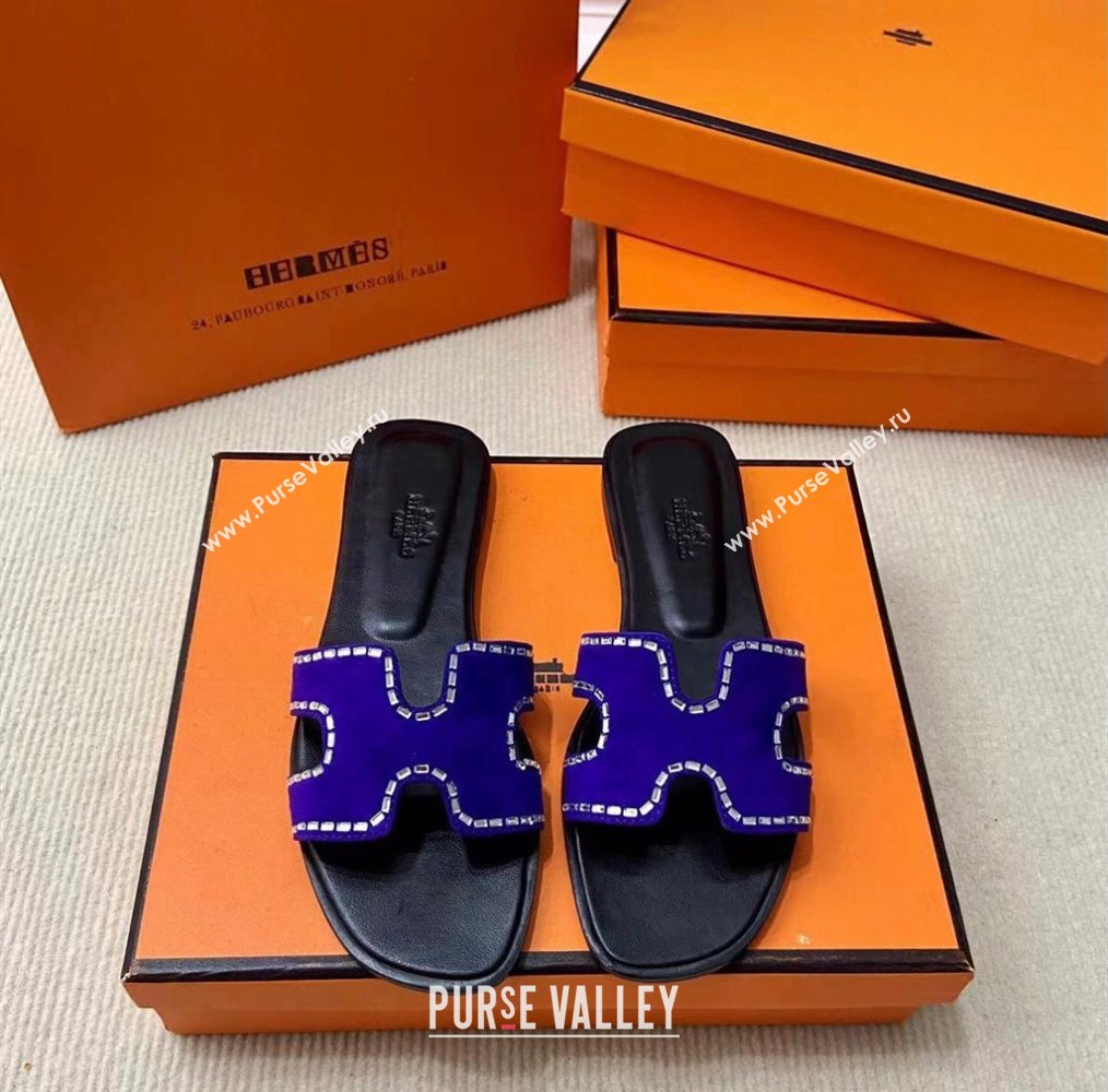 Hermes Oran sandals Blue in suede goatskin with iconic H cut-out and rhinestone details Top Quality 2024 (mingdu-24022618)