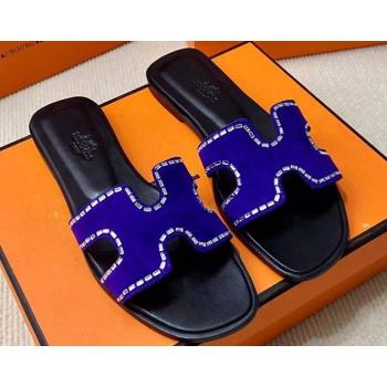 Hermes Oran sandals Blue in suede goatskin with iconic H cut-out and rhinestone details Top Quality 2024 (mingdu-24022618)