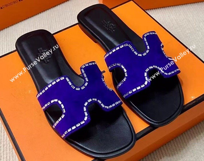 Hermes Oran sandals Blue in suede goatskin with iconic H cut-out and rhinestone details Top Quality 2024 (mingdu-24022618)