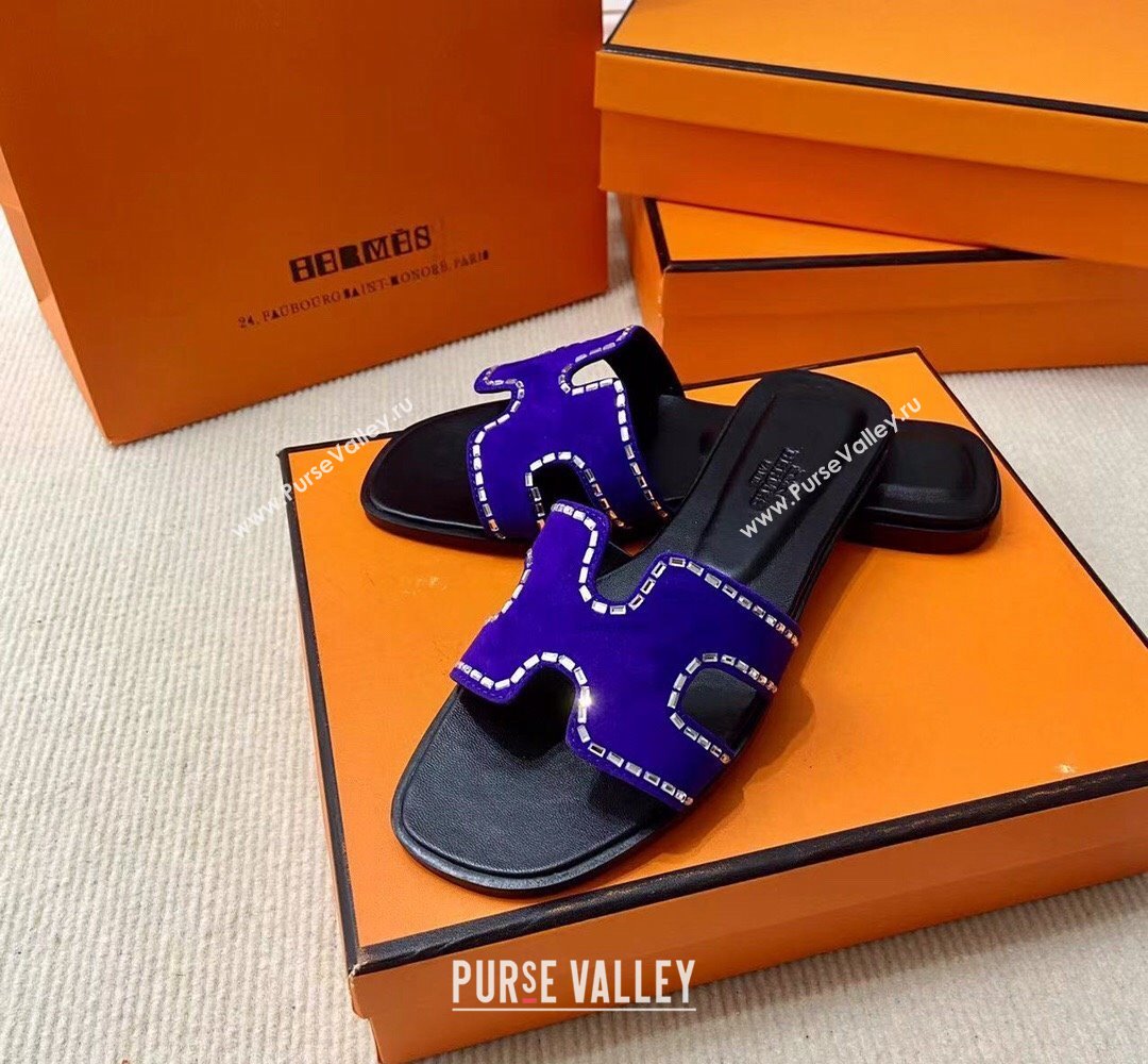 Hermes Oran sandals Blue in suede goatskin with iconic H cut-out and rhinestone details Top Quality 2024 (mingdu-24022618)