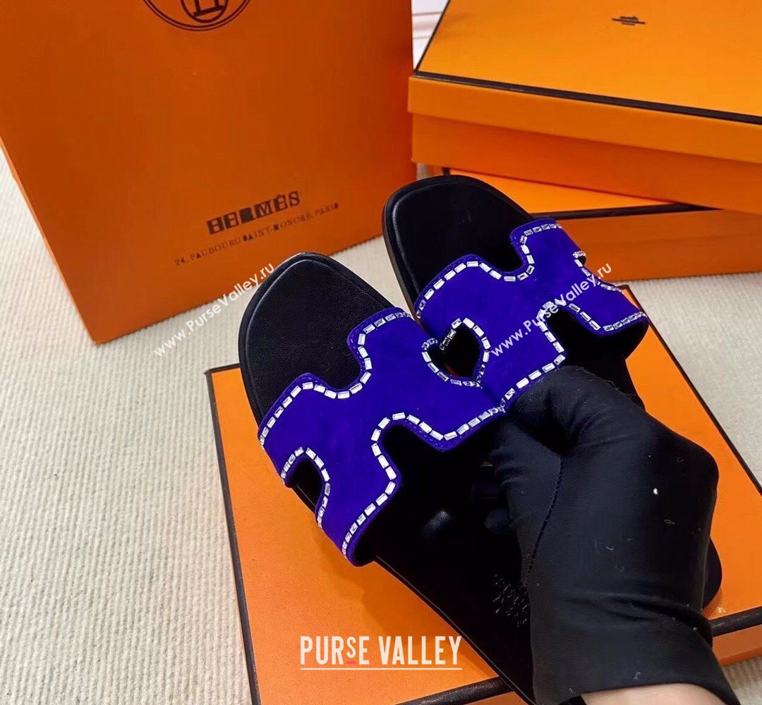 Hermes Oran sandals Blue in suede goatskin with iconic H cut-out and rhinestone details Top Quality 2024 (mingdu-24022618)