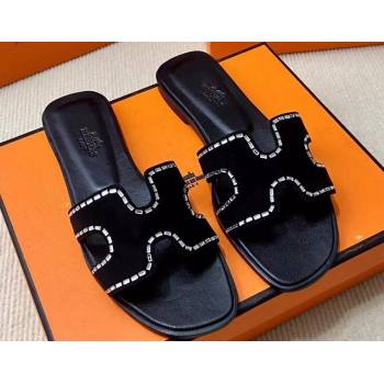 Hermes Oran sandals Black in suede goatskin with iconic H cut-out and rhinestone details Top Quality 2024 (mingdu-24022617)