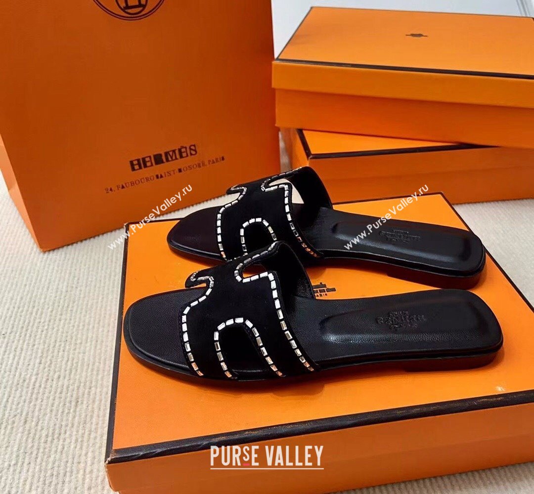 Hermes Oran sandals Black in suede goatskin with iconic H cut-out and rhinestone details Top Quality 2024 (mingdu-24022617)