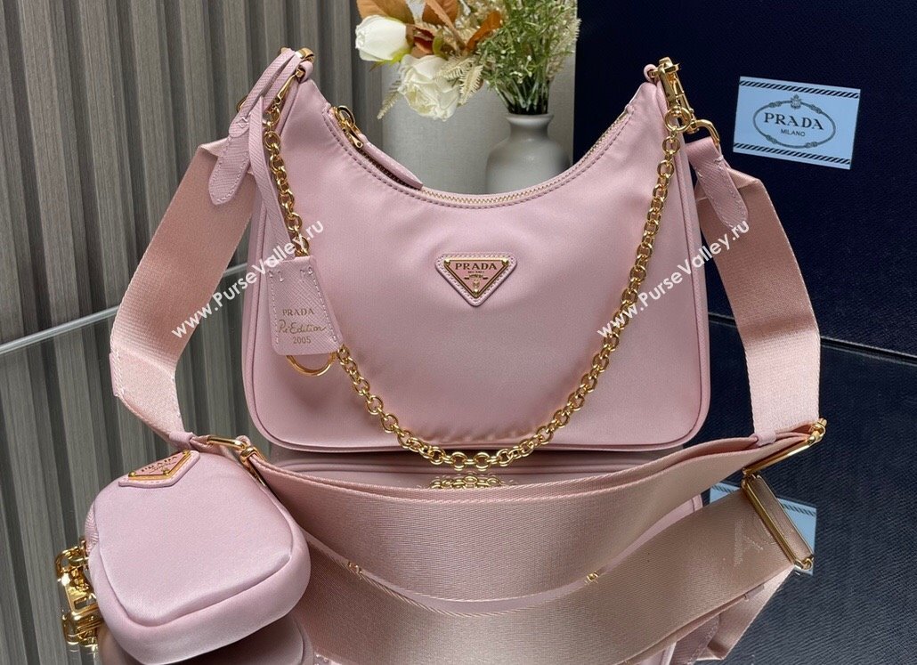 Prada Re-Edition 2005 Re-Nylon Hobo Bag 1BH204 Light Pink/Gold 2024 (ziyin-24022823)