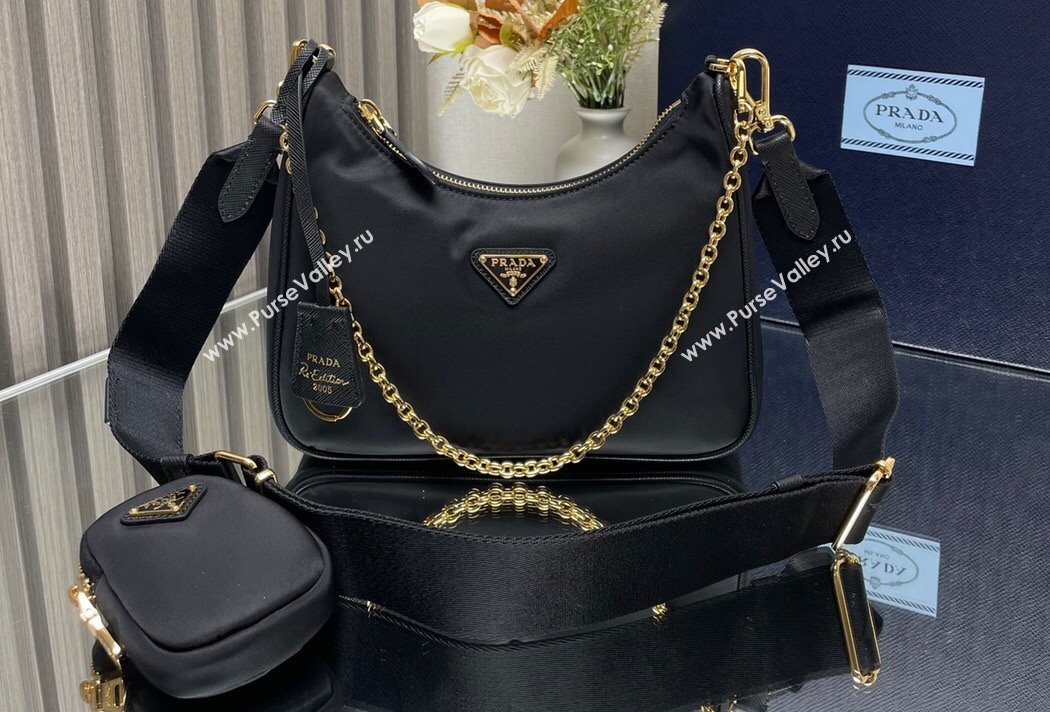 Prada Re-Edition 2005 Re-Nylon Hobo Bag 1BH204 Black/Gold 2024 (ziyin-24022821)