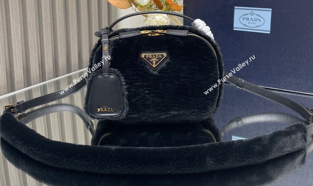 Prada Odette shearling mini-bag 1BH208 Black 2024 (ziyin-24022711)