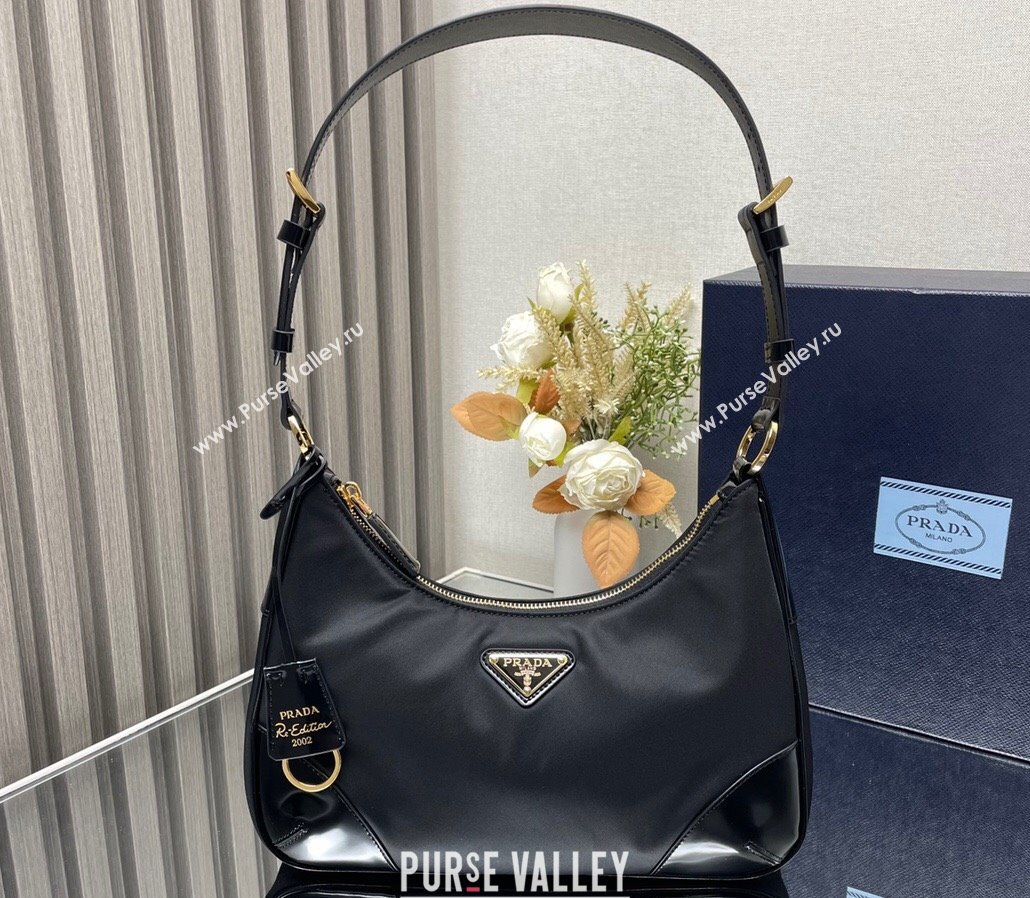 Prada Re-Nylon and Patent Leather Hobo Bag 1BC214 Black 2024 (ziyin-24022818)