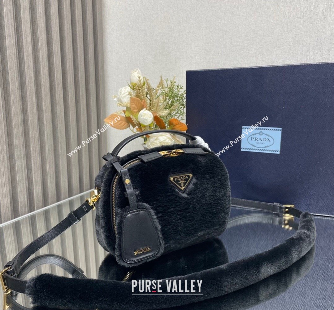 Prada Odette shearling mini-bag 1BH208 Black 2024 (ziyin-24022711)