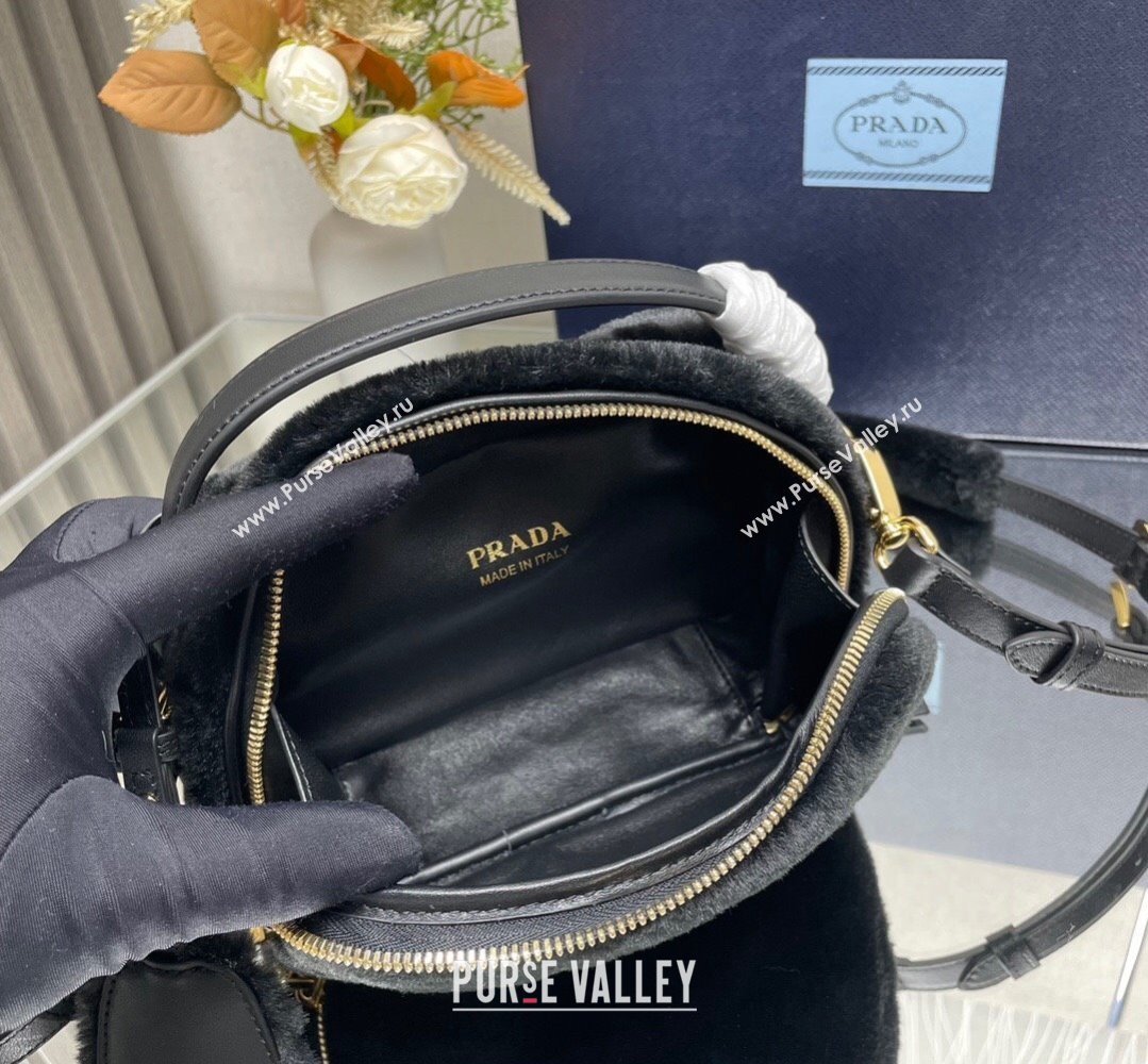 Prada Odette shearling mini-bag 1BH208 Black 2024 (ziyin-24022711)