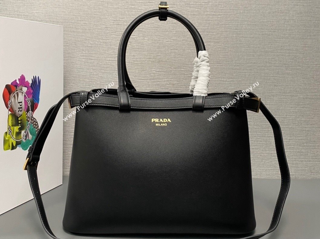 Prada Buckle medium leather handbag with double belt 1BA417 Black 2024 (ziyin-24022850)