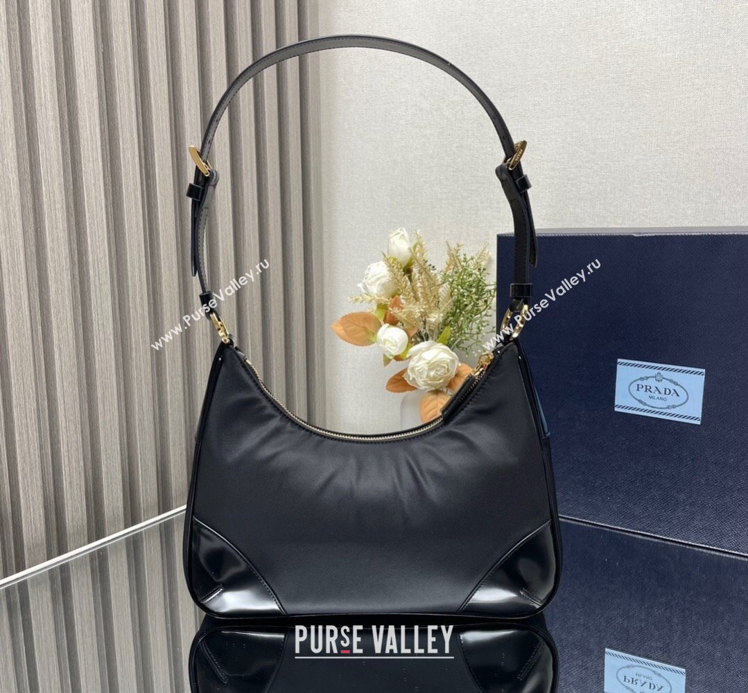 Prada Re-Nylon and Patent Leather Hobo Bag 1BC214 Black 2024 (ziyin-24022818)