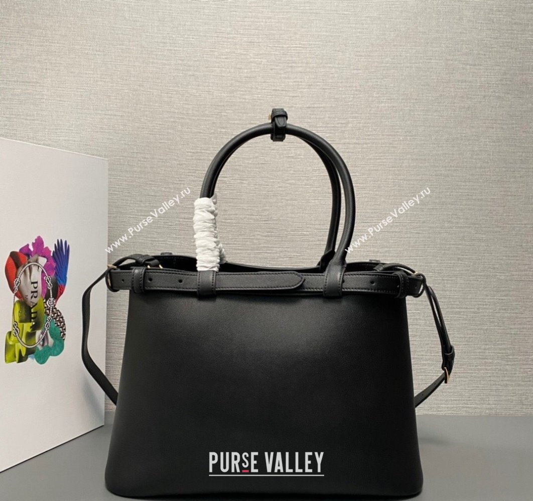 Prada Buckle medium leather handbag with double belt 1BA417 Black 2024 (ziyin-24022850)