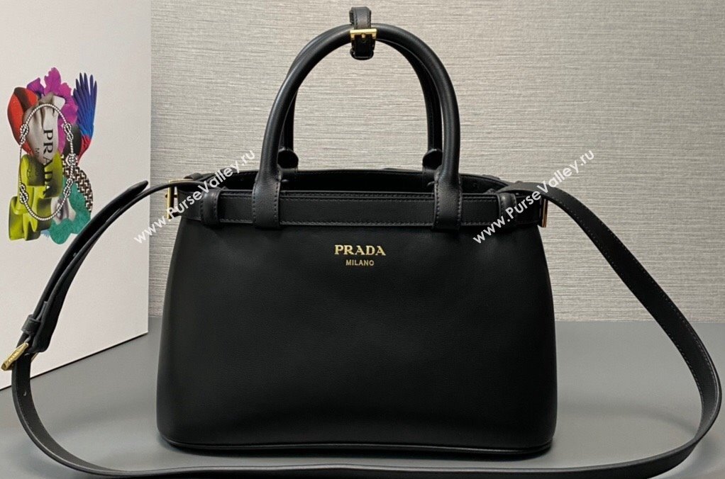 Prada Buckle small leather handbag with double belt 1BA418 Black 2024 (ziyin-24022853)