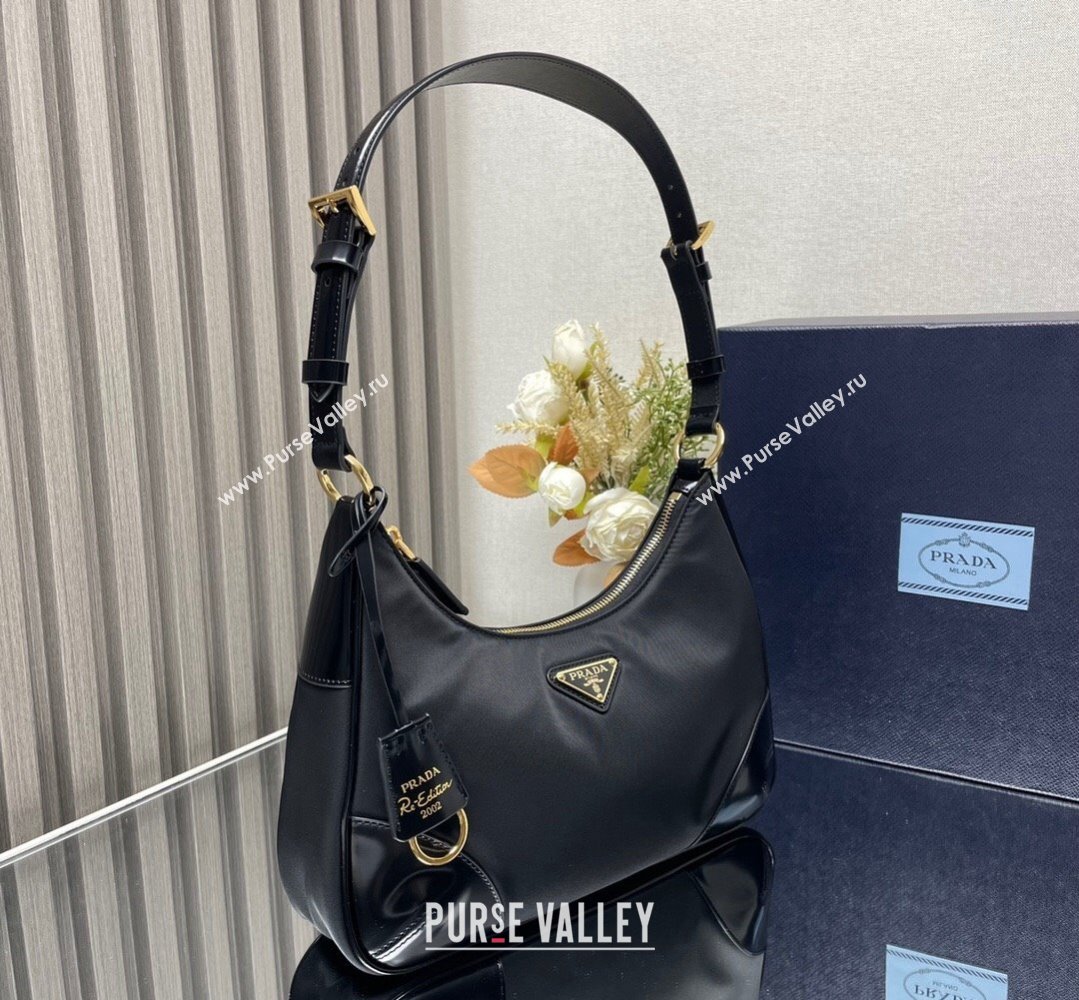 Prada Re-Nylon and Patent Leather Hobo Bag 1BC214 Black 2024 (ziyin-24022818)