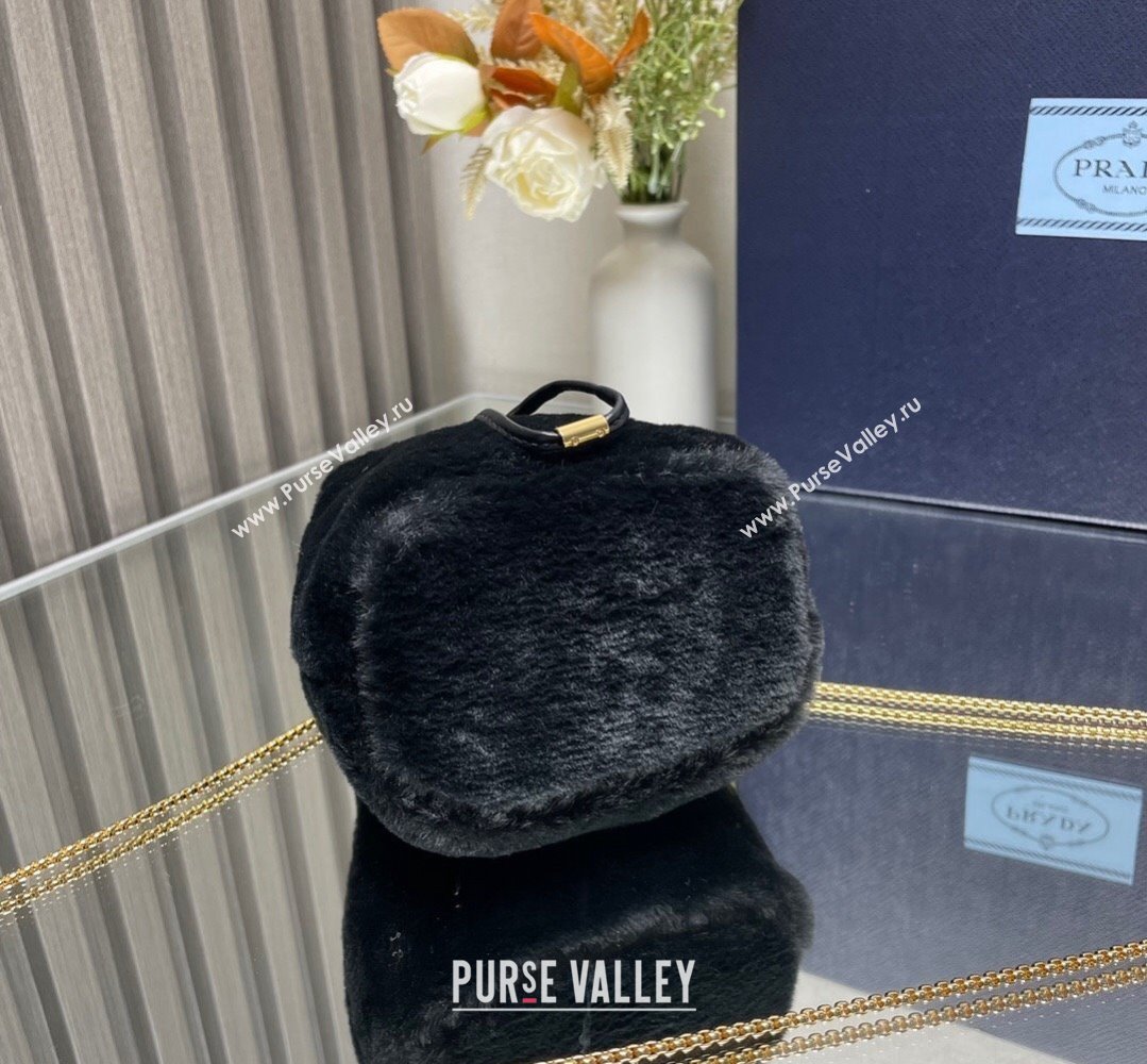 Prada shearling mini Pouch bag 1NR016 Black 2024 (ziyin-24022713)