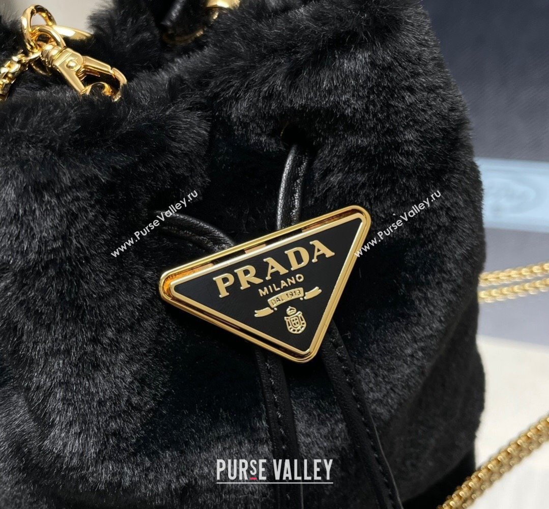 Prada shearling mini Pouch bag 1NR016 Black 2024 (ziyin-24022713)