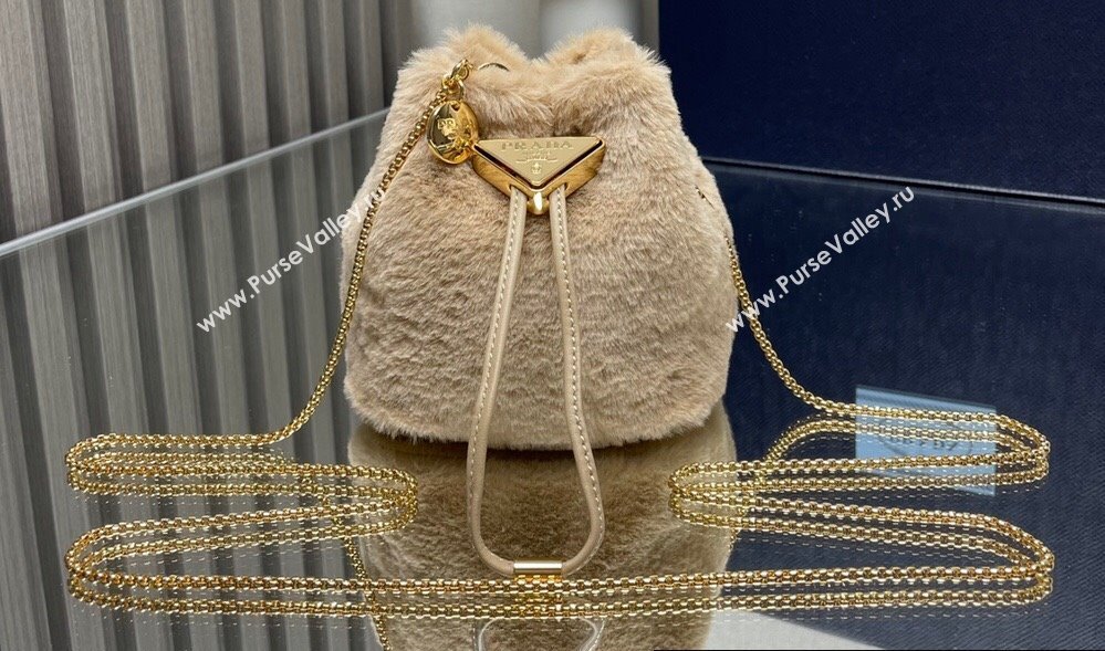 Prada shearling mini Pouch bag 1NR016 Beige 2024 (ziyin-24022714)