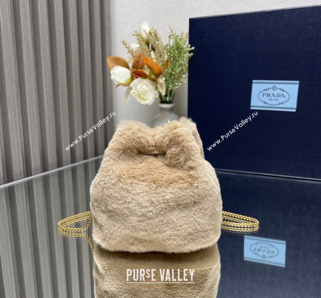 Prada shearling mini Pouch bag 1NR016 Beige 2024 (ziyin-24022714)