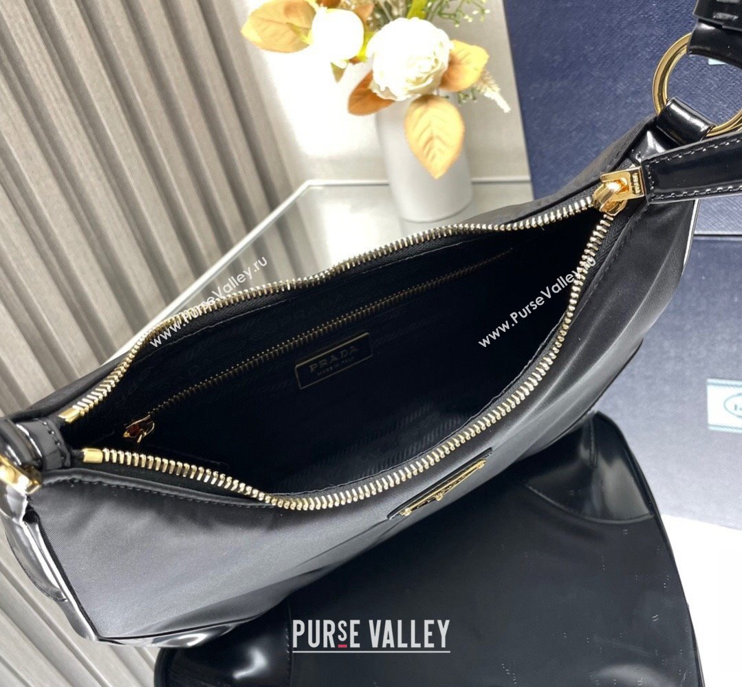 Prada Re-Nylon and Patent Leather Hobo Bag 1BC214 Black 2024 (ziyin-24022818)