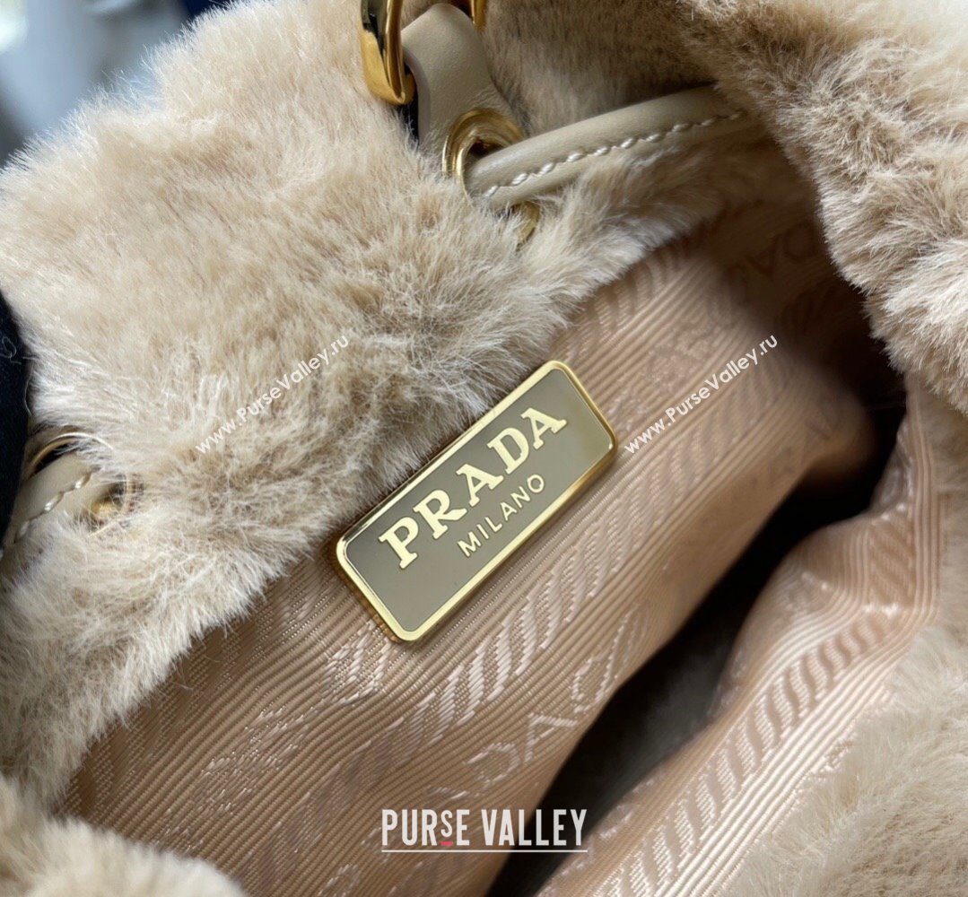 Prada shearling mini Pouch bag 1NR016 Beige 2024 (ziyin-24022714)