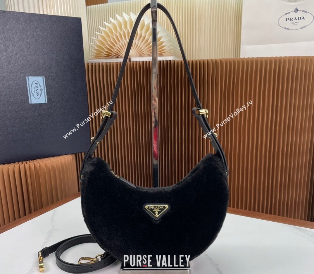 Prada Arque shearling shoulder bag 1BC194 Black 2024 (ziyin-24022709)