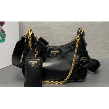 Prada Re-Edition 2005 Leather Shoulder Hobo Bag with nylon shoulder strap 1BH204 black 2024 (ziyin-24022732)