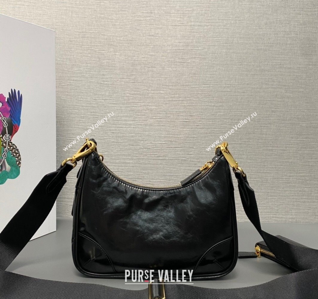 Prada Re-Edition 2005 Leather Shoulder Hobo Bag with nylon shoulder strap 1BH204 black 2024 (ziyin-24022732)