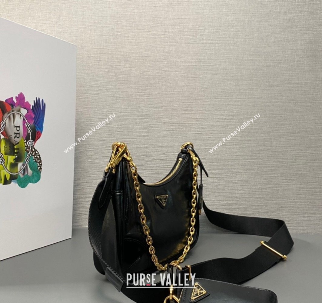Prada Re-Edition 2005 Leather Shoulder Hobo Bag with nylon shoulder strap 1BH204 black 2024 (ziyin-24022732)