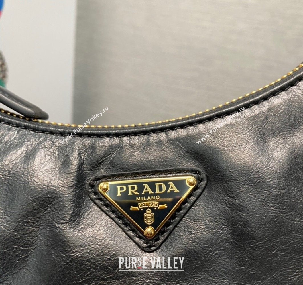 Prada Re-Edition 2005 Leather Shoulder Hobo Bag with nylon shoulder strap 1BH204 black 2024 (ziyin-24022732)