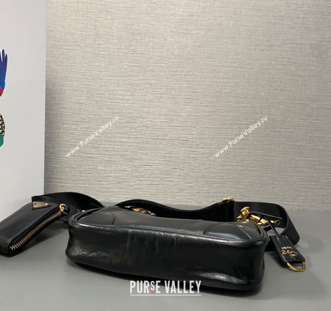 Prada Re-Edition 2005 Leather Shoulder Hobo Bag with nylon shoulder strap 1BH204 black 2024 (ziyin-24022732)