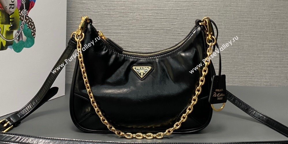 Prada Re-Edition 2005 Leather Shoulder Hobo Bag with Leather shoulder strap 1BH204 black 2024 (ziyin-24022739)